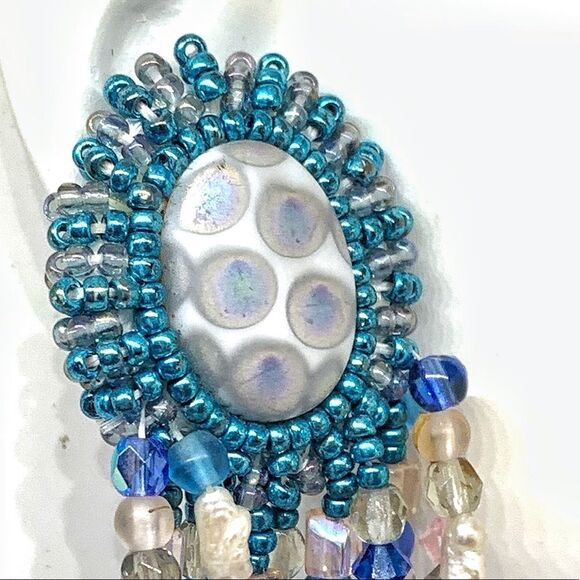 Blue pink ab iridescent festoon chandelier hand beaded large pierced earrings - Picture 11 of 12